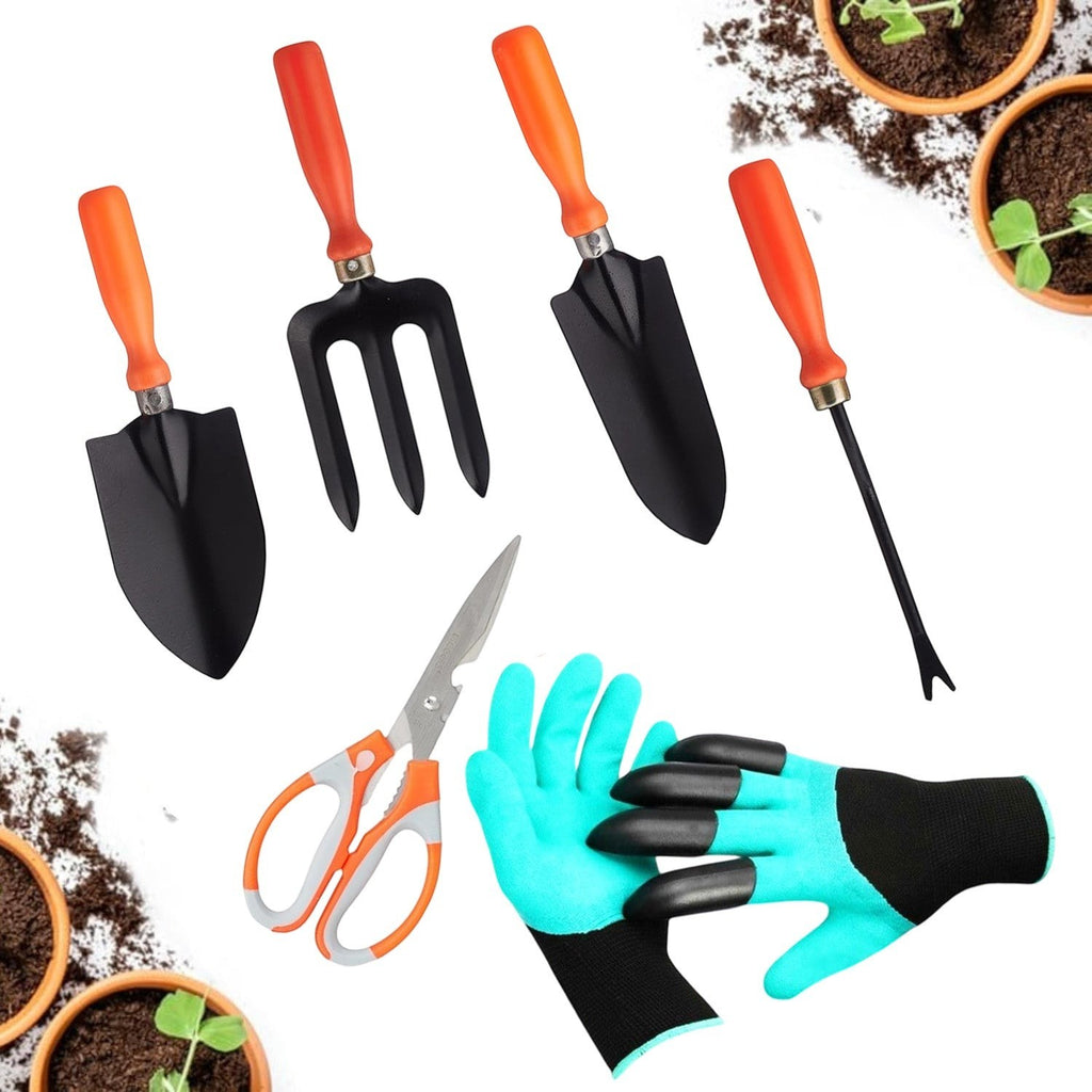 GoHooked 5-piece gardening tool set with black metal heads, orange ergonomic handles, pruning shears, and claw gloves.