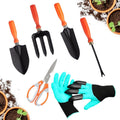 GoHooked 5-piece gardening tool set with black metal heads, orange ergonomic handles, pruning shears, and claw gloves.