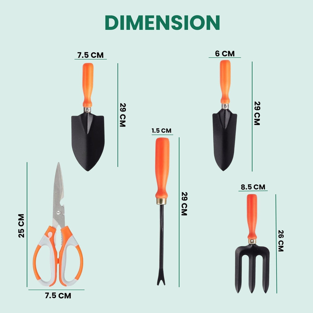 GoHooked 5-piece gardening tool set with black metal heads and ergonomic orange handles, including dimensions.