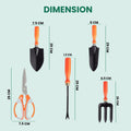 GoHooked 5-piece gardening tool set with black metal heads and ergonomic orange handles, including dimensions.