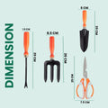 GoHooked 5-piece metal garden tool set with orange soft-grip handles: fork, transplanter, weeder, scissors, and gloves.