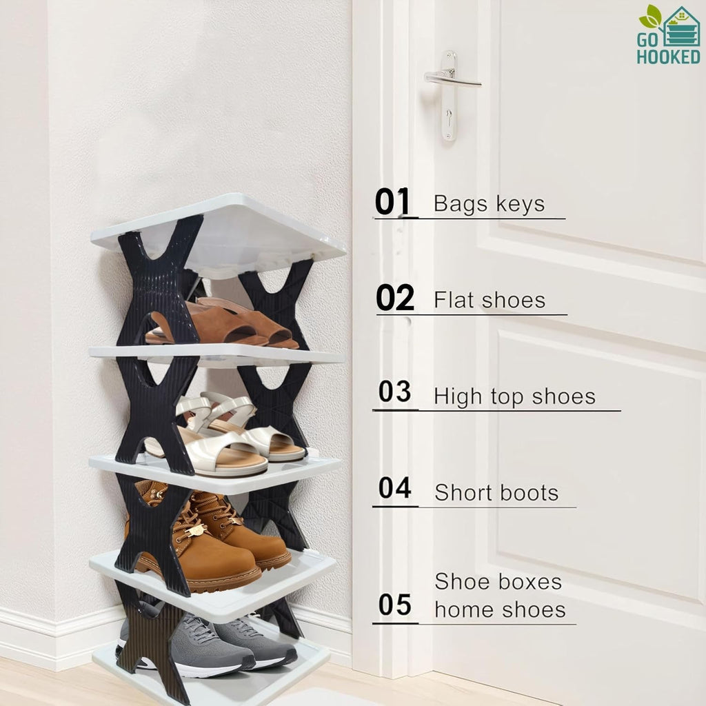 GoHooked 5-tier black and white plastic shoe rack with anti-slip frame, holding sandals, sneakers, and boots.