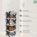 GoHooked 5-tier black and white plastic shoe rack with anti-slip frame, holding sandals, sneakers, and boots.