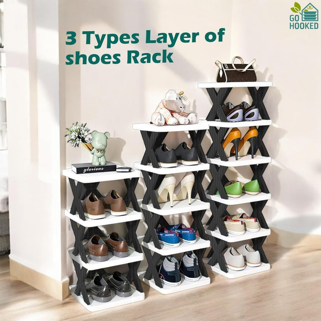 GoHooked 5-tier black and white plastic shoe rack organizer with modern design, holding various shoes, sneakers, and sandals.
