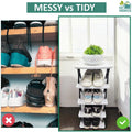 Go Hooked 5-tier black and white plastic shoe rack with sneakers and a plant on top, next to a window.