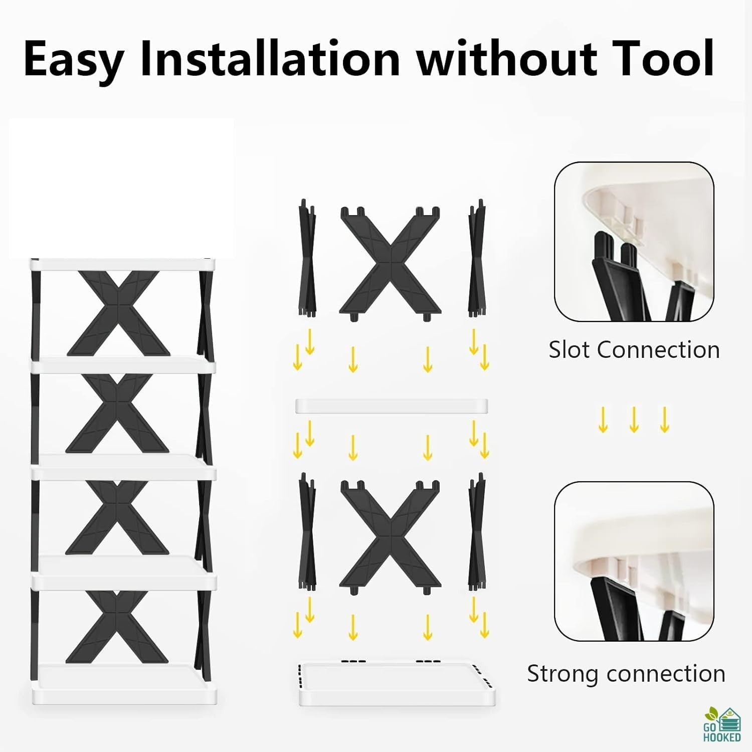 Go Hooked 5-tier black and white plastic shoe rack with easy slot connection assembly.