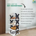 GoHooked 5-tier black and white plastic shoe rack with anti-slip frame, holding sneakers, sandals, and boots.