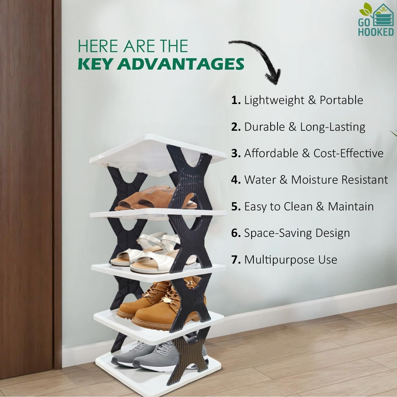 GoHooked 5-tier black and white plastic shoe rack with anti-slip frame, holding sneakers, sandals, and boots.