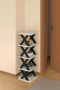 GoHooked 5-tier black and white plastic shoe rack with X-frame design holding various shoes.