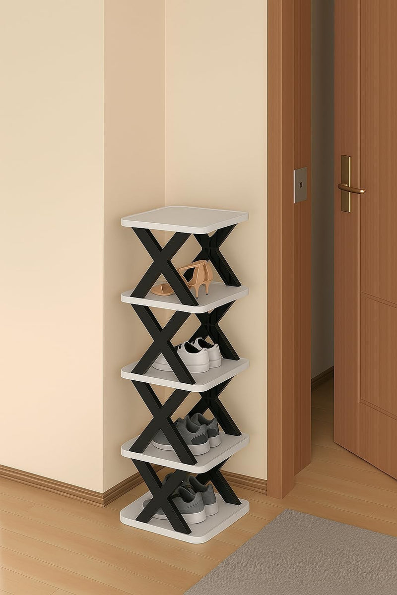 GoHooked 5-tier black and white plastic shoe rack with X-frame design holding various shoes.