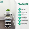Go Hooked 5-tier black and white plastic shoe rack with sneakers and sandals, featuring a modern design and anti-slip frame.