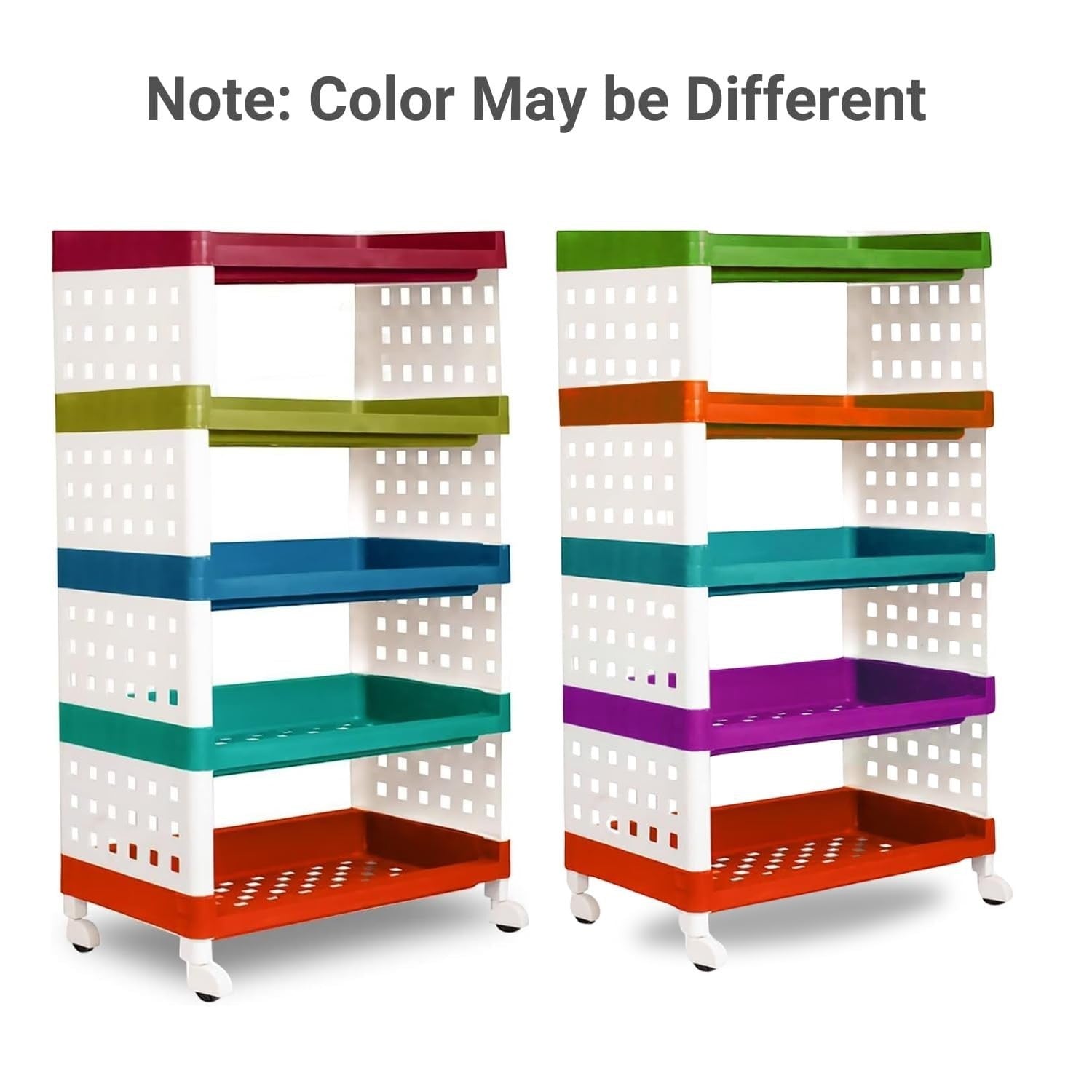 GoHooked 5-tier multipurpose storage rack with wheels in multicolor. Features perforated sides and colorful shelves.