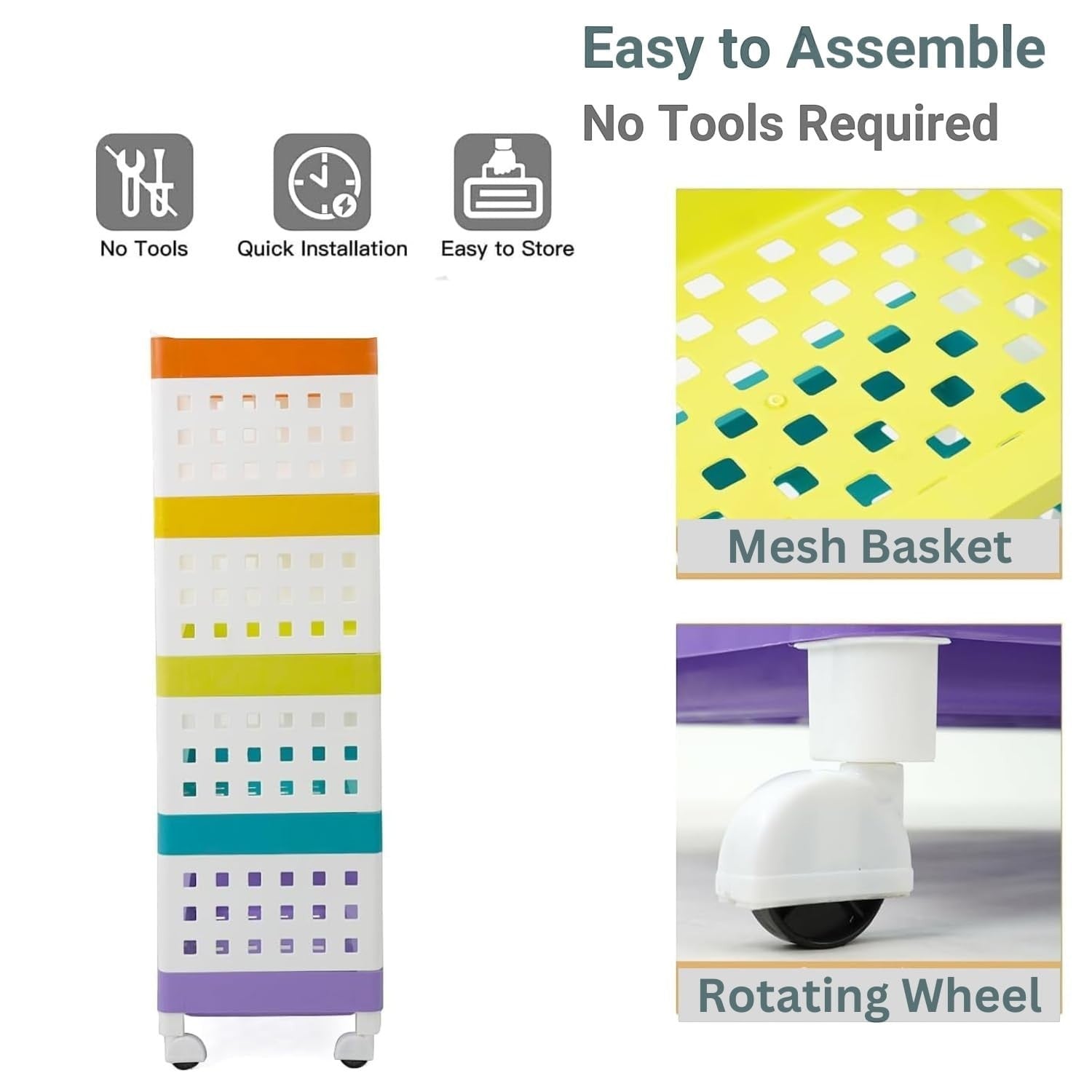 GoHooked 5-tier multipurpose storage rack with wheels, multicolour mesh baskets for kitchen organization.