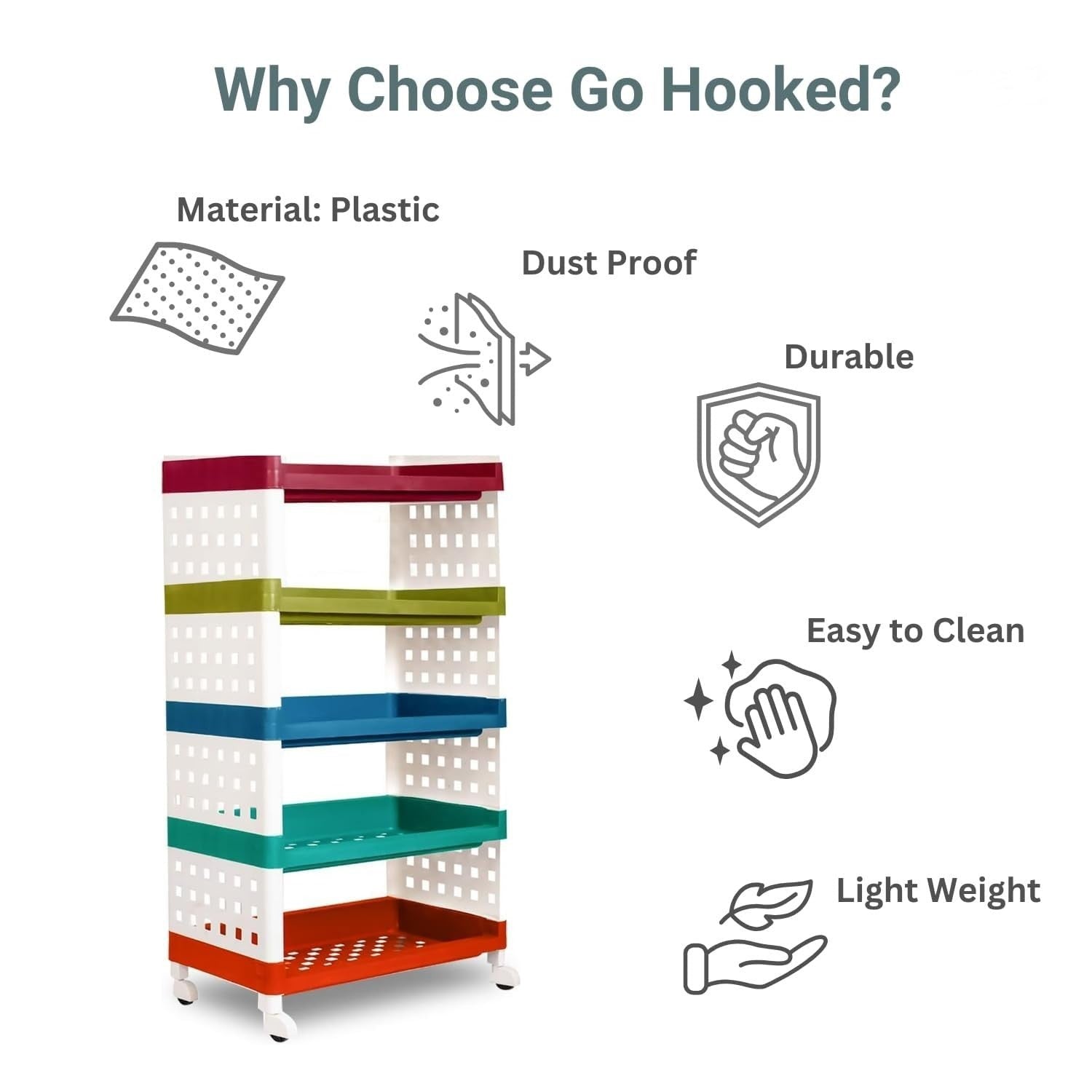GoHooked 5-tier multipurpose storage rack with wheels. Made of durable, dust-proof plastic. Features colorful shelves in red, green, blue, and teal.