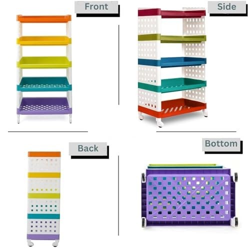GoHooked 5-tier multipurpose storage rack with wheels, featuring colorful shelves in orange, yellow, green, teal, and purple.