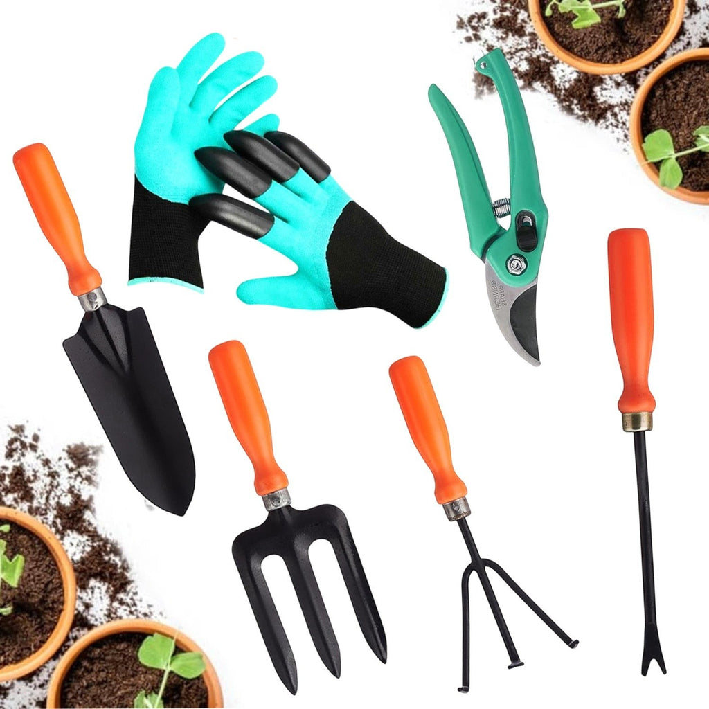GoHooked 6-piece gardening tool kit with orange-handled metal trowel, fork, weeder, cultivator, pruner, and claw gloves.