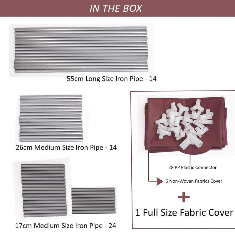 GoHooked 6-tier shoe rack components: iron pipes, plastic connectors, and fabric cover. Easy assembly for shoe storage.