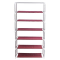Go Hooked 6-tier metal shoe rack with burgundy fabric shelves, foldable and freestanding.