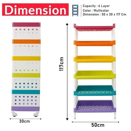 GoHooked 6-tier multipurpose storage rack with wheels, multicolour plastic, ideal for kitchen or small spaces.