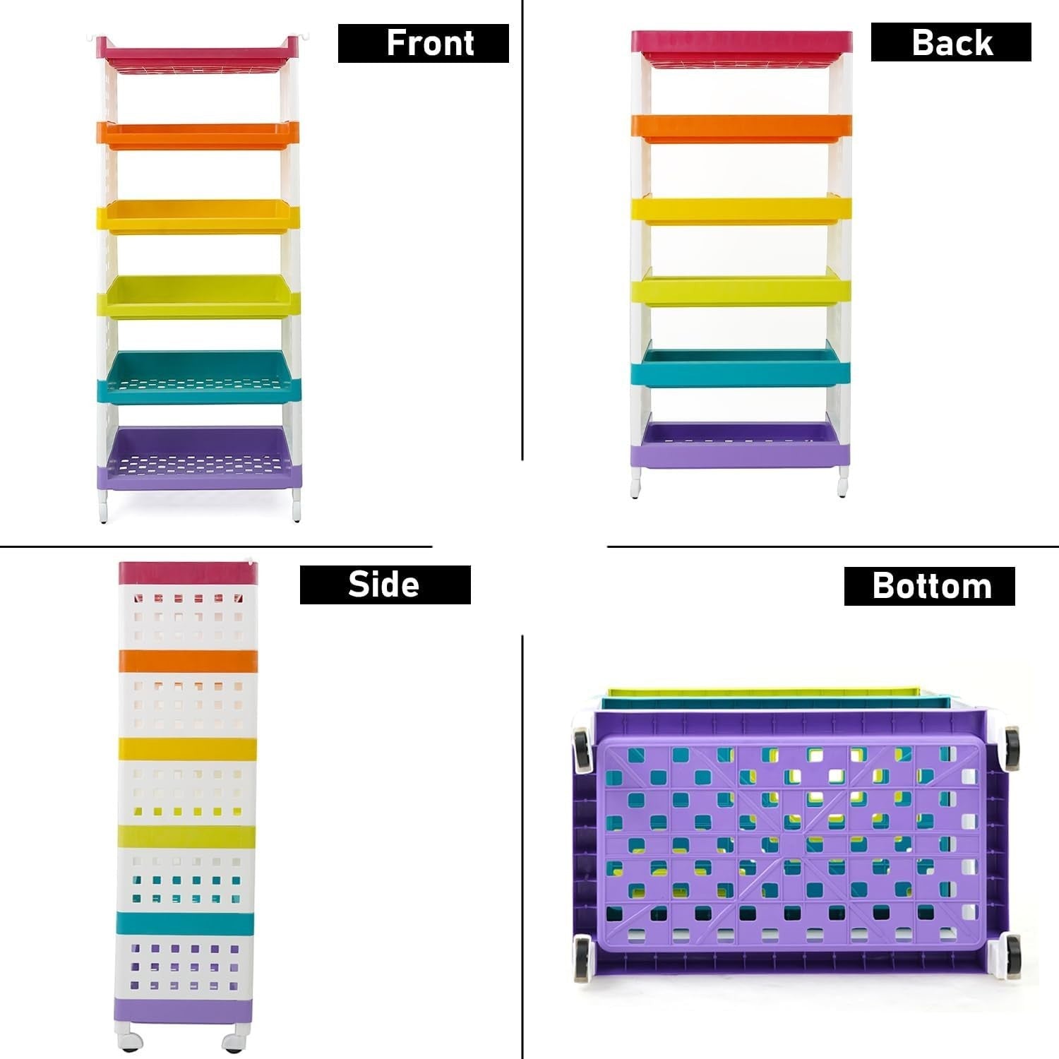 GoHooked 6-tier multipurpose storage rack with wheels, featuring rainbow-colored shelves and a white frame. Ideal for kitchen or small spaces.
