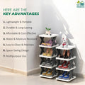 GoHooked 7-tier black and white plastic shoe rack organizer with anti-slip frame, holding sneakers, sandals, and heels.