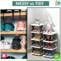 Go Hooked 7-tier black and white plastic shoe rack organizer with modern design, holding sneakers and sandals.