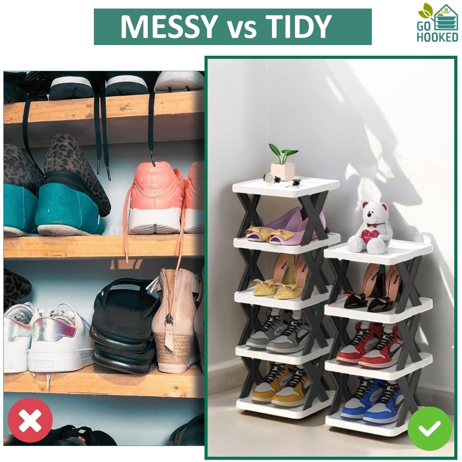 Go Hooked 7-tier black and white plastic shoe rack organizer with modern design, holding sneakers and sandals.