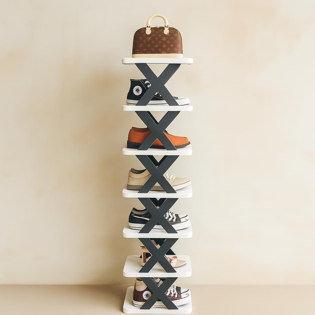 GoHooked 7-tier black and white plastic shoe rack with modern design, holding various shoes and a handbag.