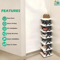 GoHooked 7-tier black and white plastic shoe rack organizer with modern design, holding shoes and a handbag.