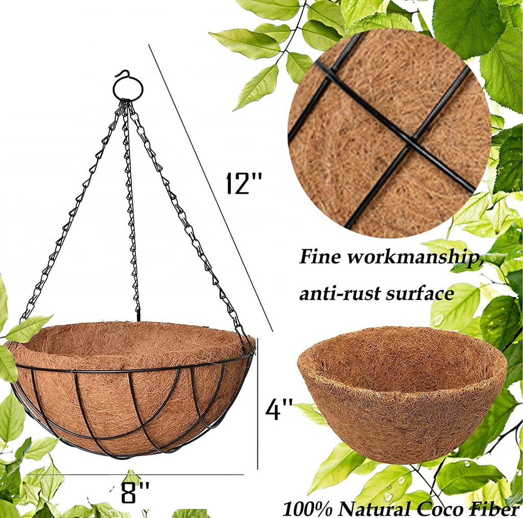 GoHooked 8-inch brown natural coco fiber hanging basket with metal chain, 4-inch depth, set of 3.