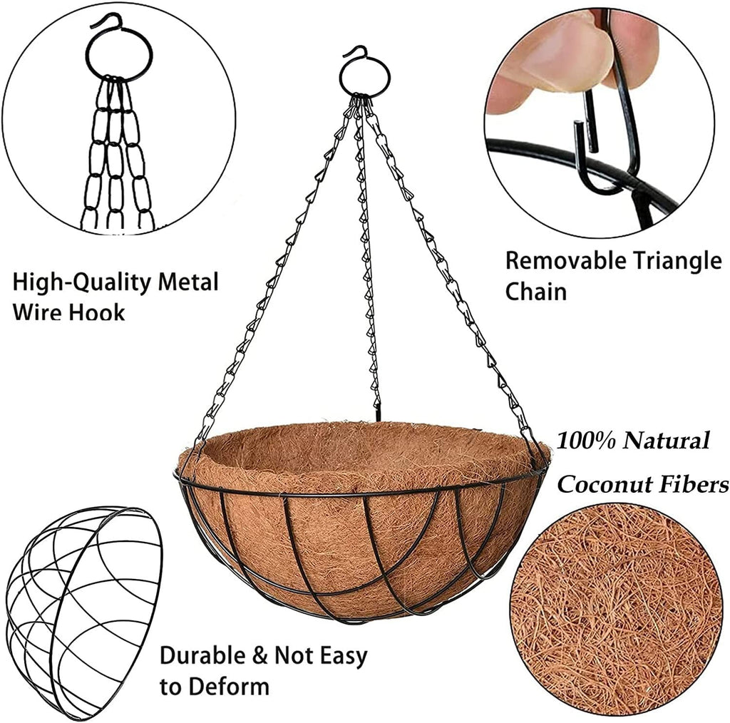 GoHooked 8" brown coir hanging basket with metal chain and 100% natural coconut fiber liner. Durable wire frame.
