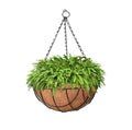 GoHooked 8" brown coir hanging basket with metal chain, filled with lush green ferns.