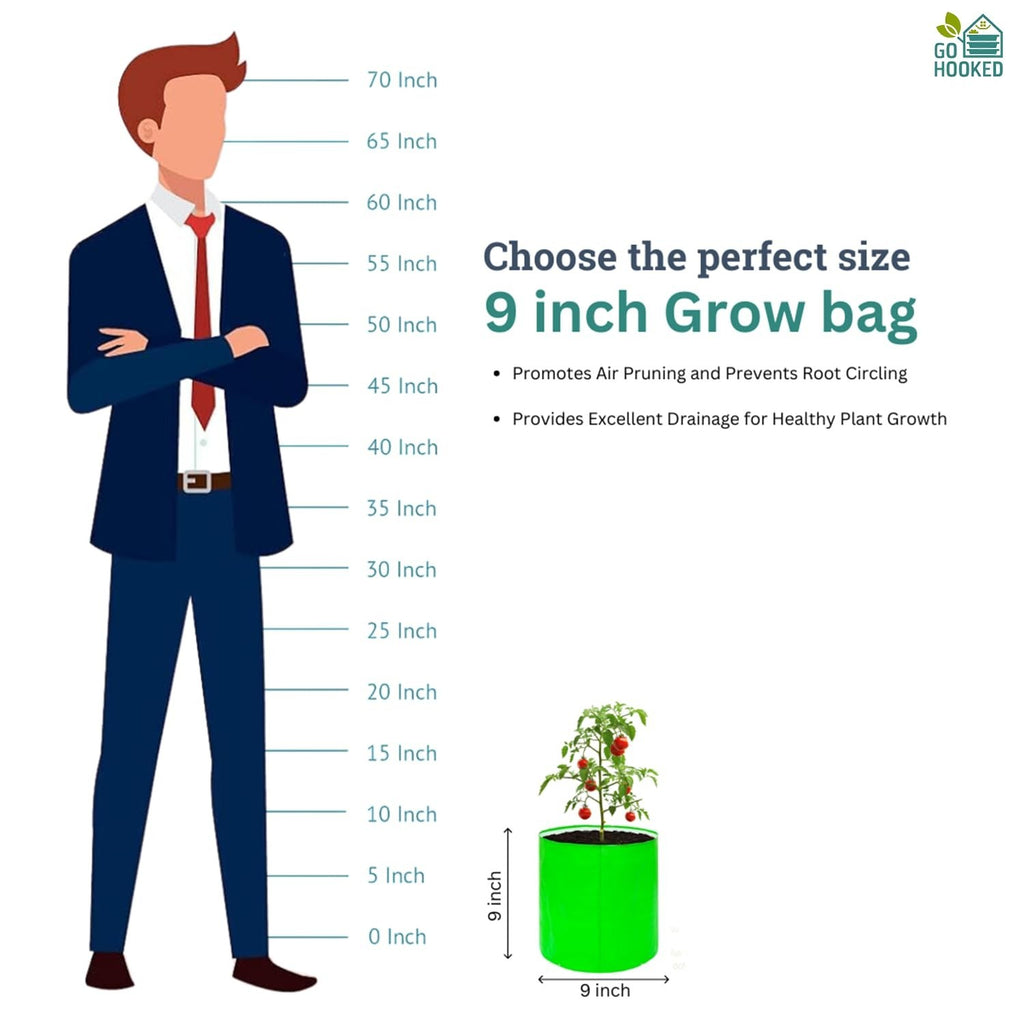 GoHooked 9-inch green fabric grow bag with tomato plant. Ideal for vegetables, herbs, and flowers.