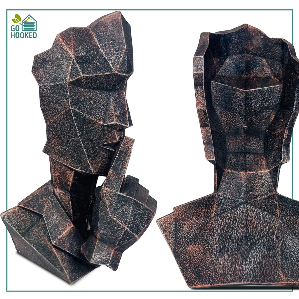 Go Hooked abstract geometric polyresin bust statues in black copper finish, representing 'Speak No Evil'.
