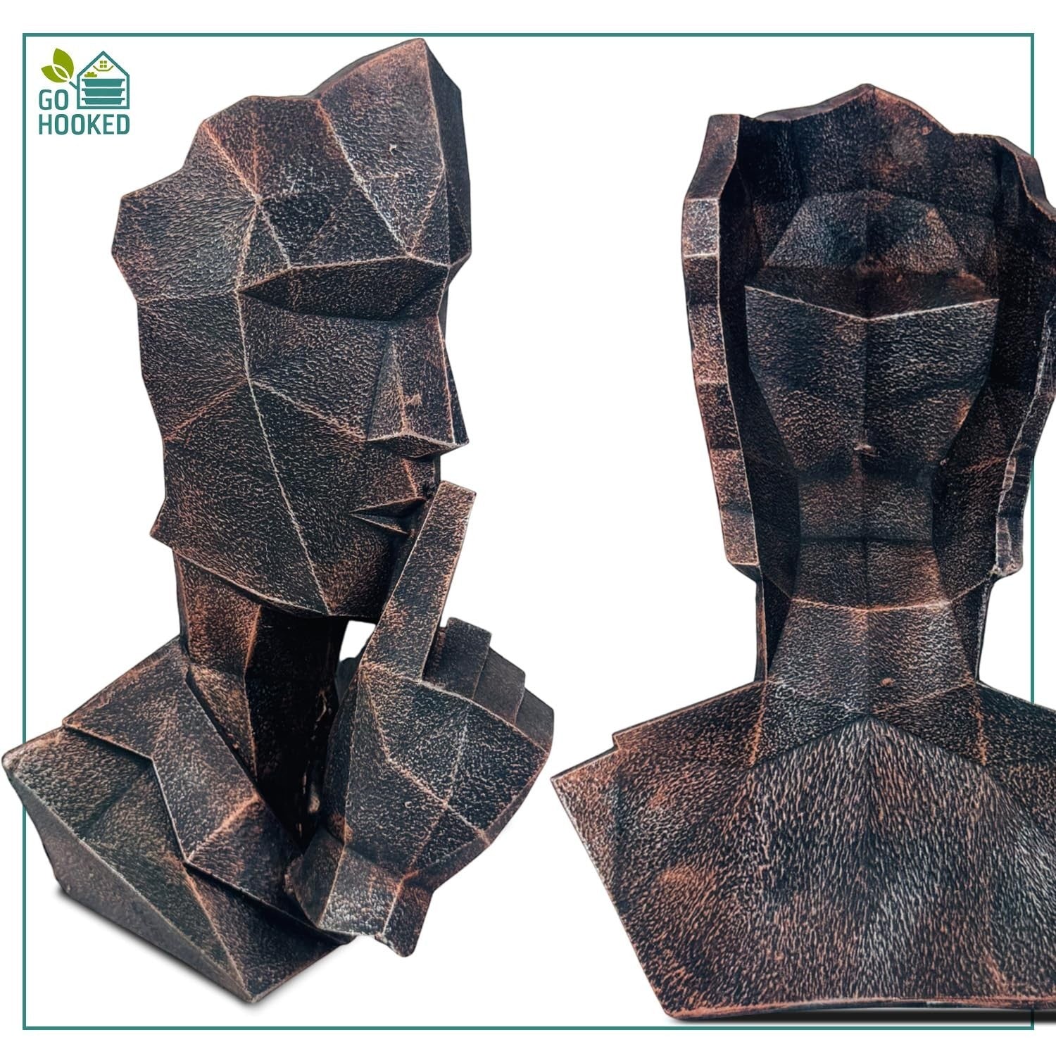 Go Hooked abstract geometric polyresin bust statues in black copper finish, representing 'Speak No Evil'.