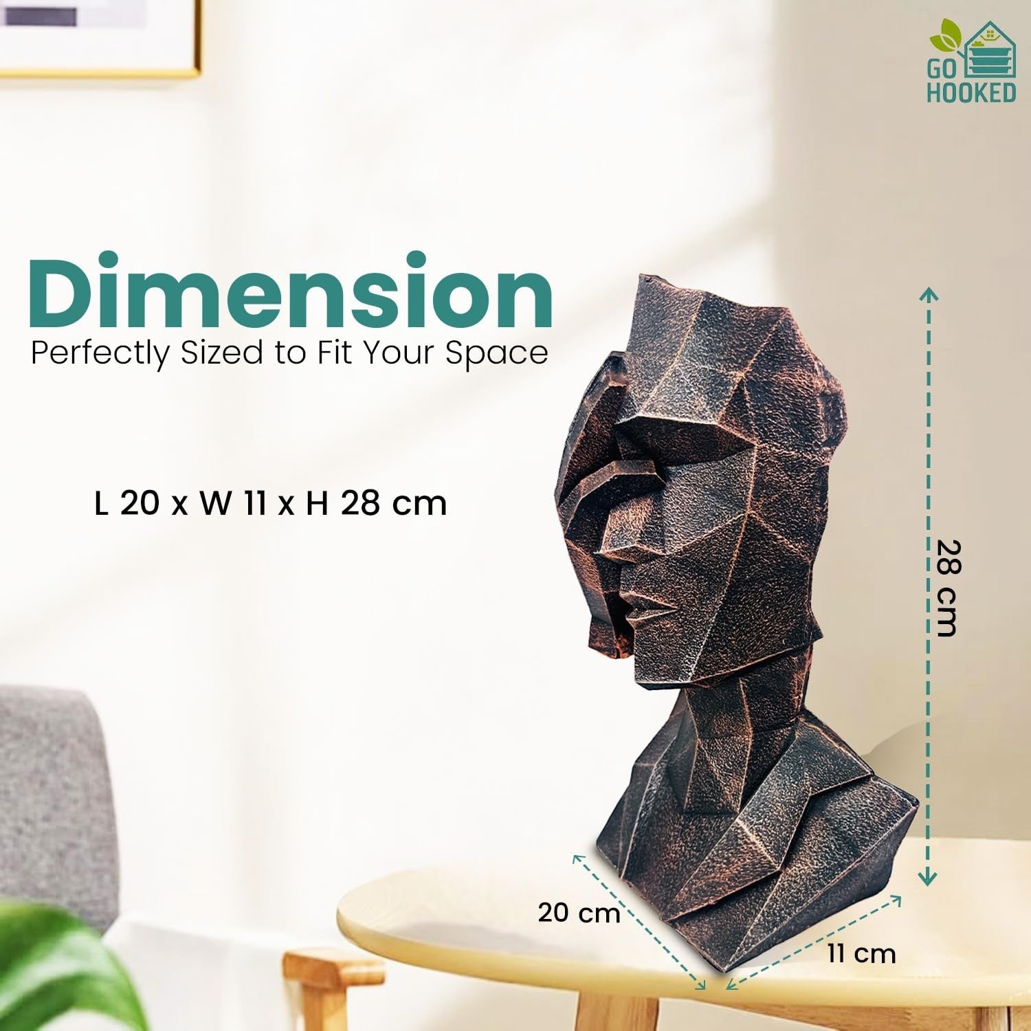 GoHooked abstract geometric human face bust statue in black copper finish, representing wisdom and positivity.