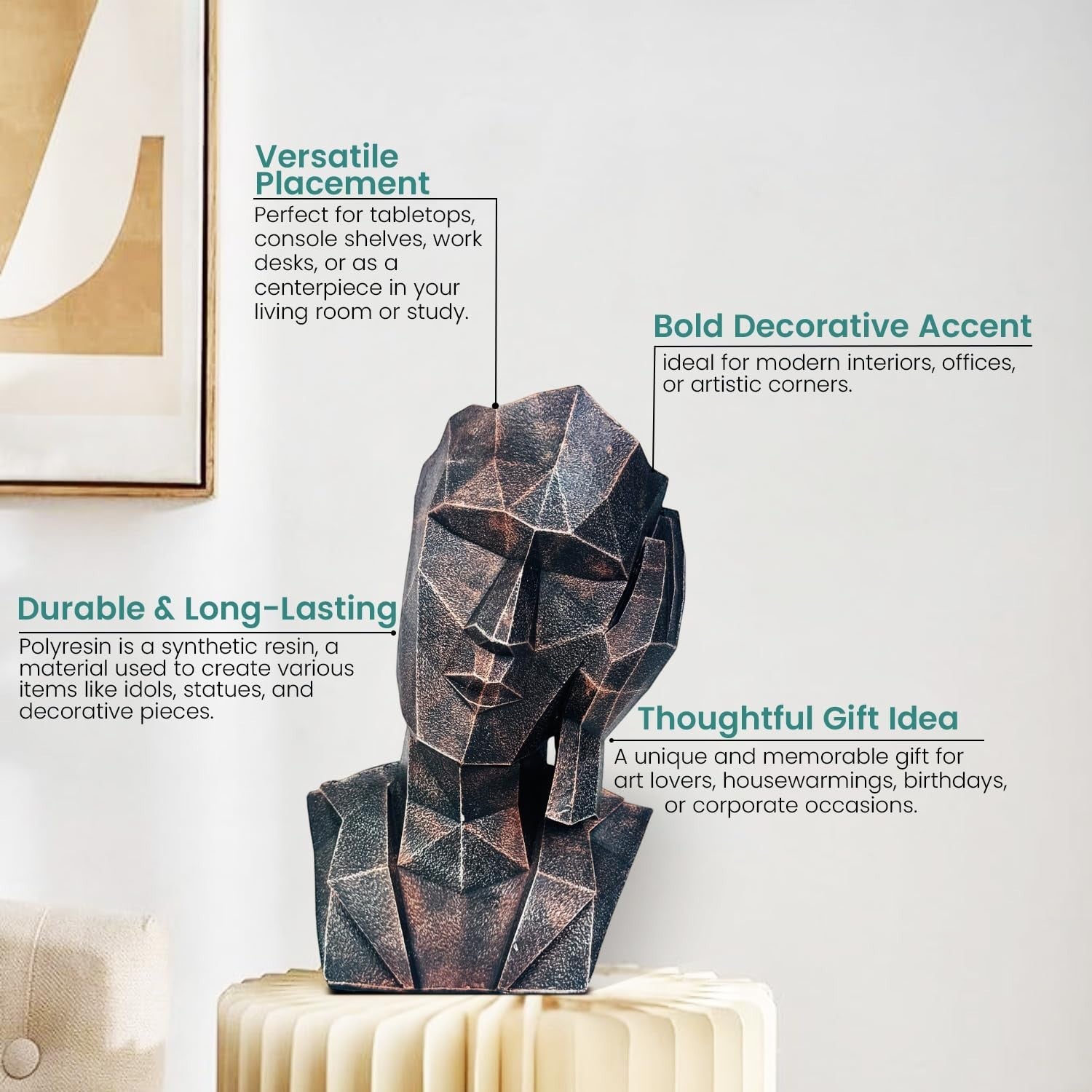 GoHooked abstract geometric human face showpiece in black copper finish, made of polyresin. "Hear No Evil" figurine.