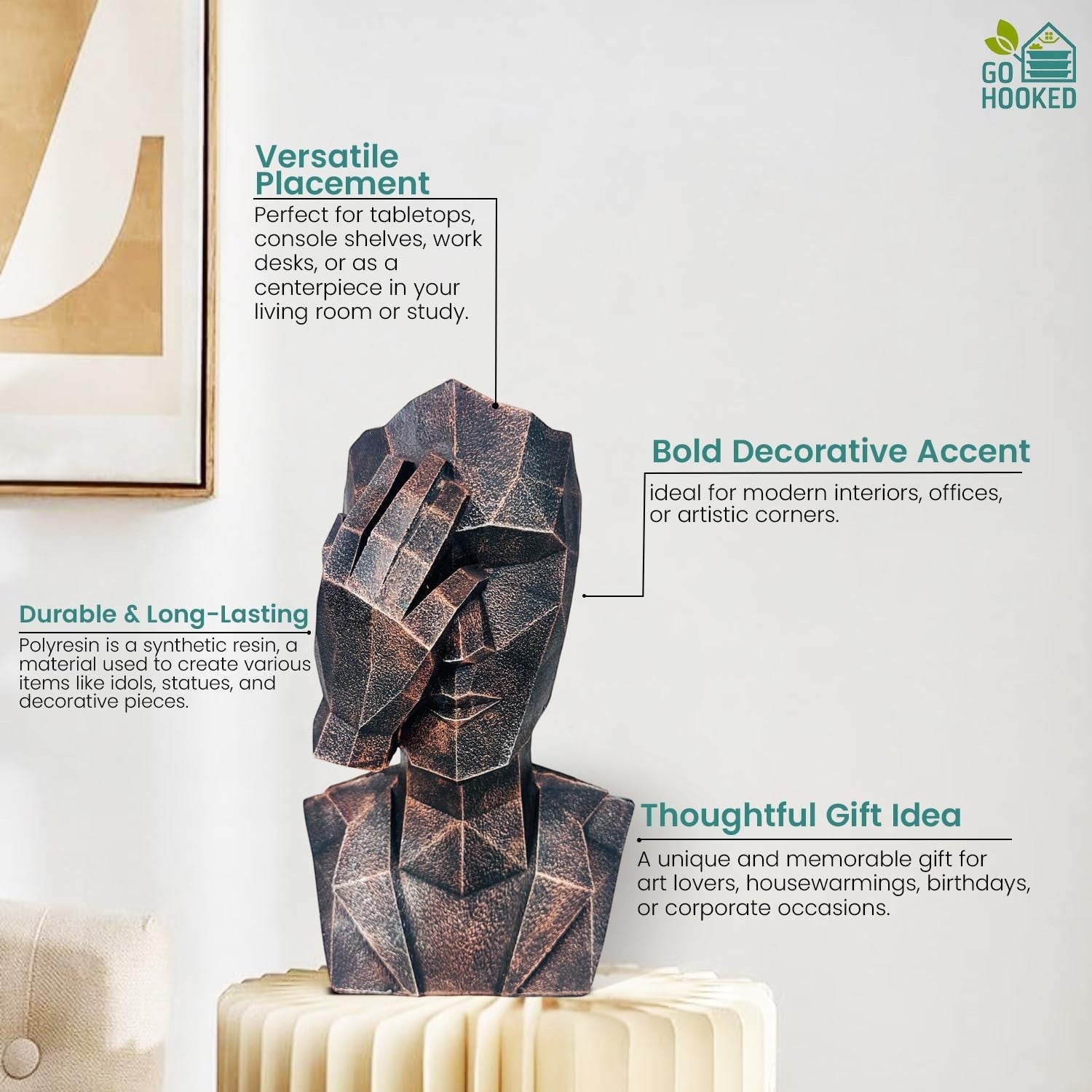 Go Hooked abstract geometric human face showpiece in black copper finish, representing 'See No Evil'.