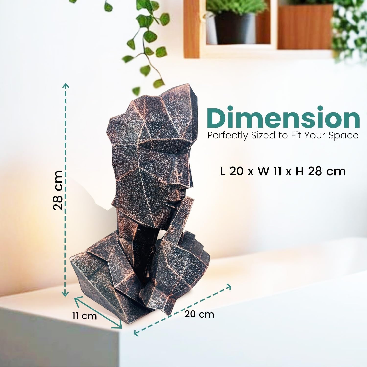 GoHooked abstract geometric polyresin showpiece in black copper finish, depicting a face with finger to lips. Modern decor.