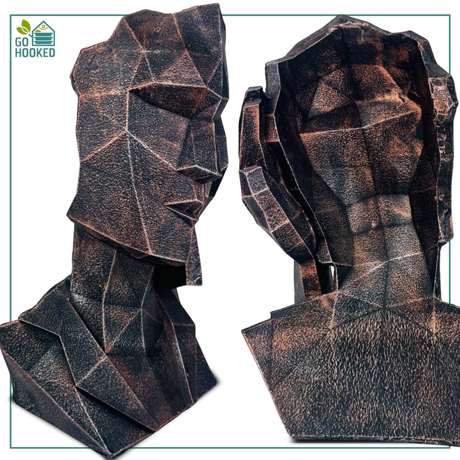 Go Hooked abstract geometric polyresin showpiece in black copper finish, depicting a face with hands over ears.