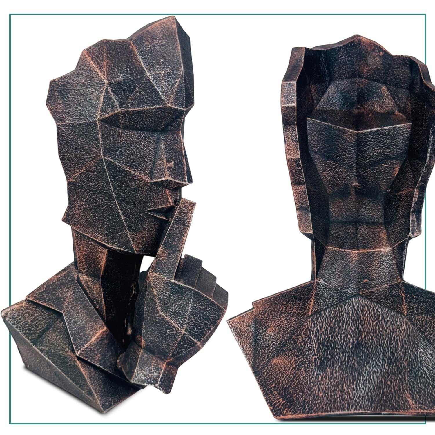 GoHooked abstract geometric human face showpieces in black copper finish, representing 'Speak No Evil'. Polyresin statues for modern decor.