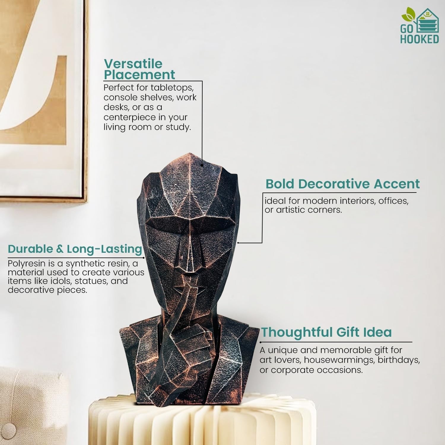 Go Hooked abstract geometric human face showpiece in black copper finish, made of polyresin. Modern statue for home decor.