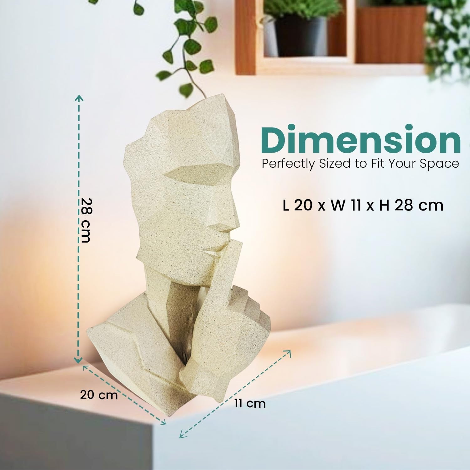 GoHooked abstract geometric polyresin showpiece in marble finish, depicting a face with finger to lips. Modern decor.
