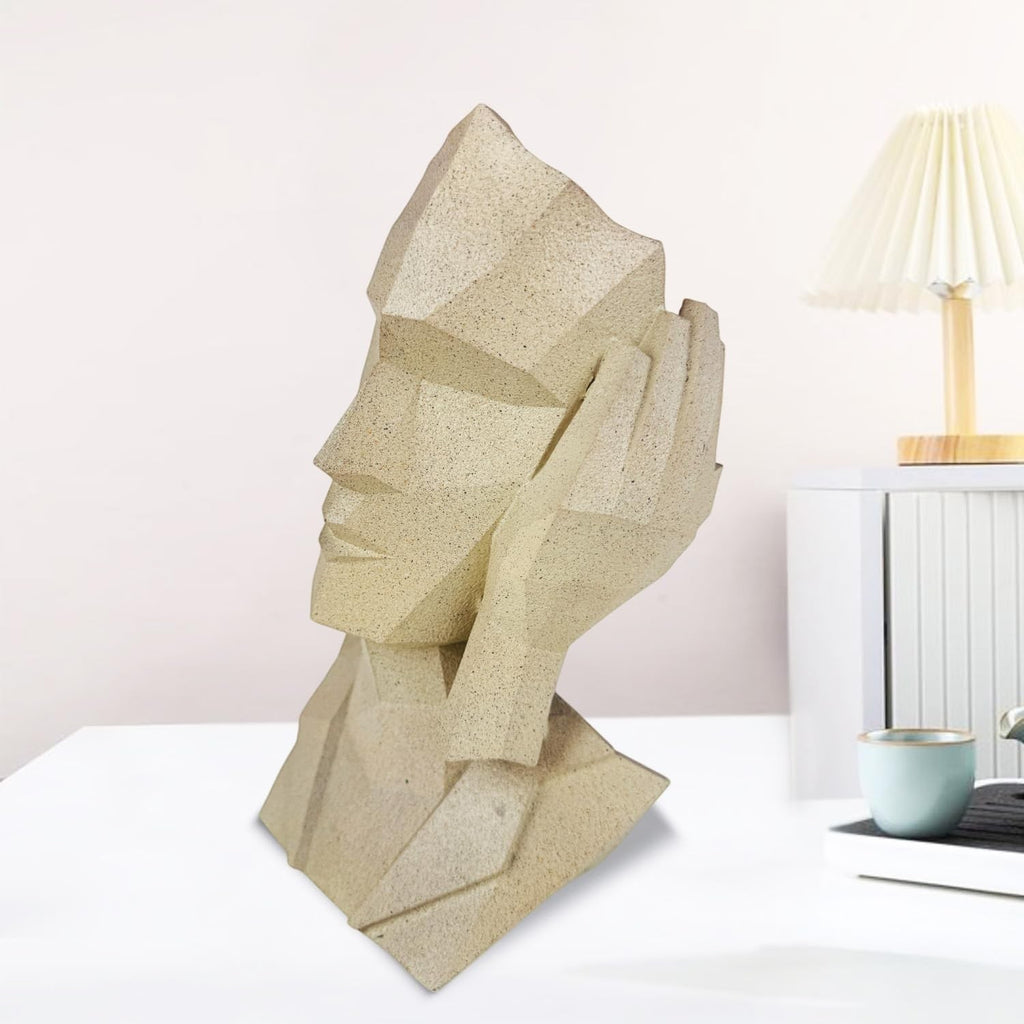 GoHooked abstract geometric polyresin showpiece in marble finish, depicting a face covering its ears. Modern decor.