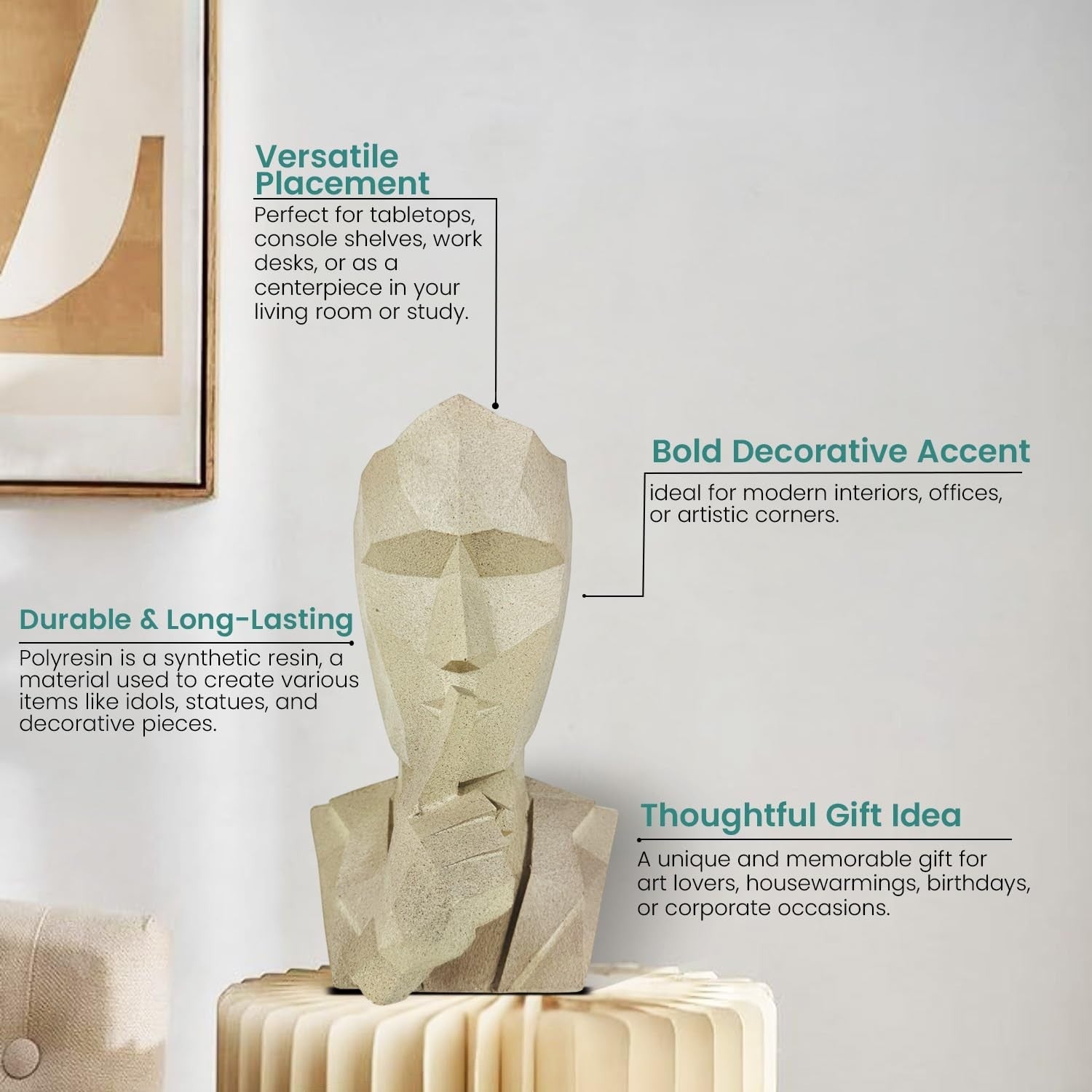 GoHooked abstract geometric polyresin showpiece statue in marble finish, depicting a face with finger to lips.