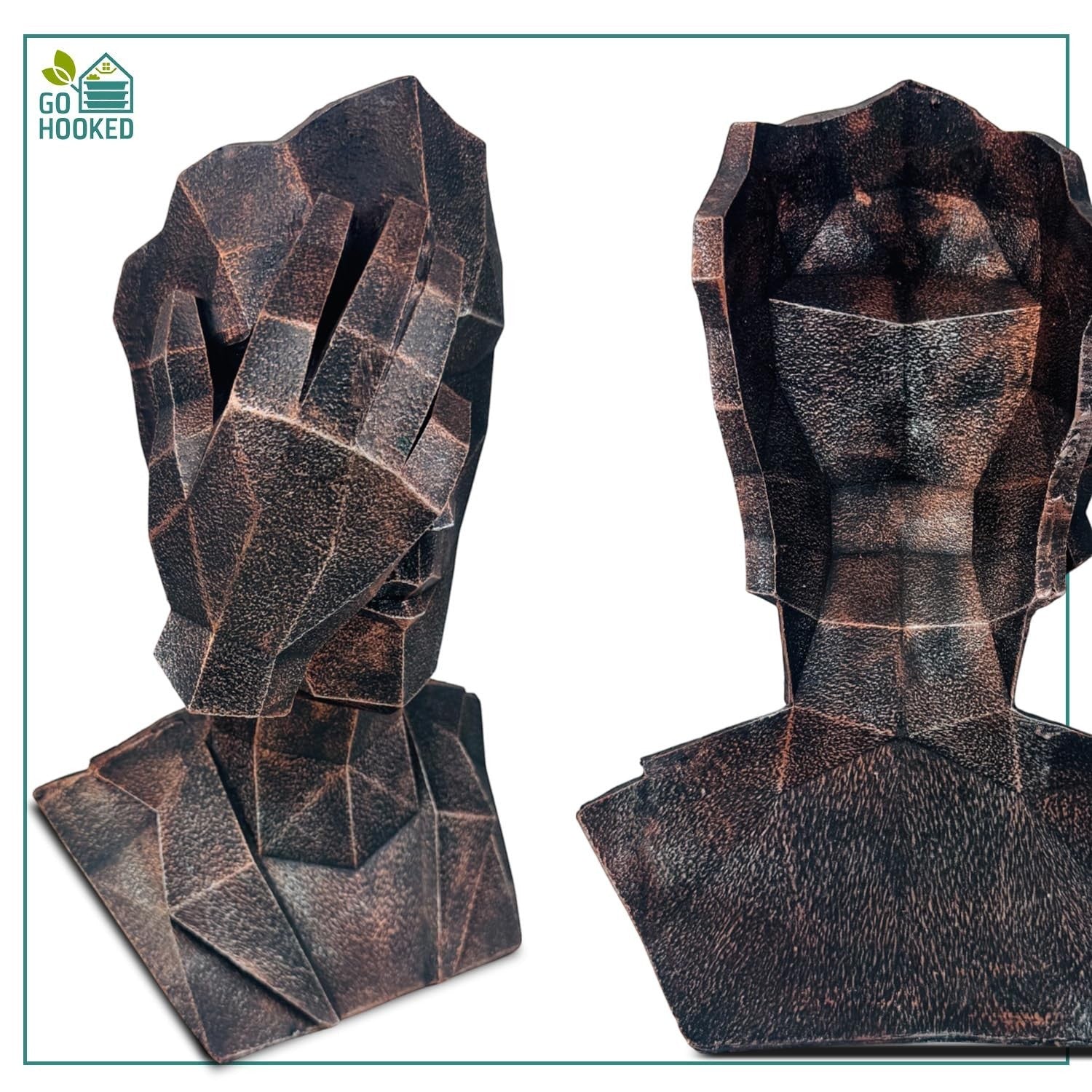 Go Hooked abstract geometric human face statue, black copper finish, polyresin, modern home decor.