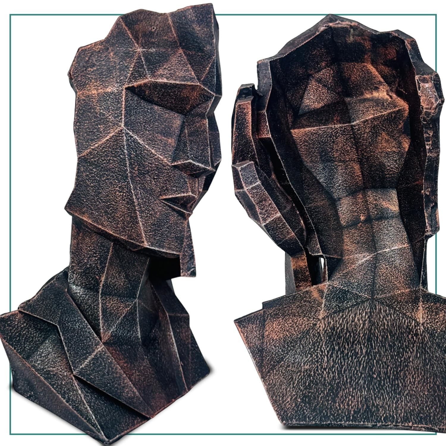 GoHooked abstract geometric human face showpieces in black copper finish, representing "Hear No Evil". Polyresin statues for modern decor.
