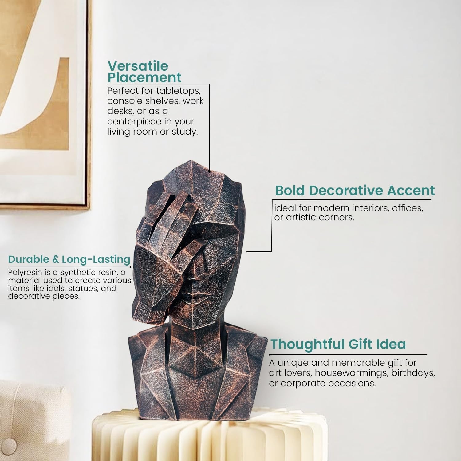 GoHooked abstract geometric bust statue in black copper finish, representing 'See No Evil'. Polyresin, modern decor.