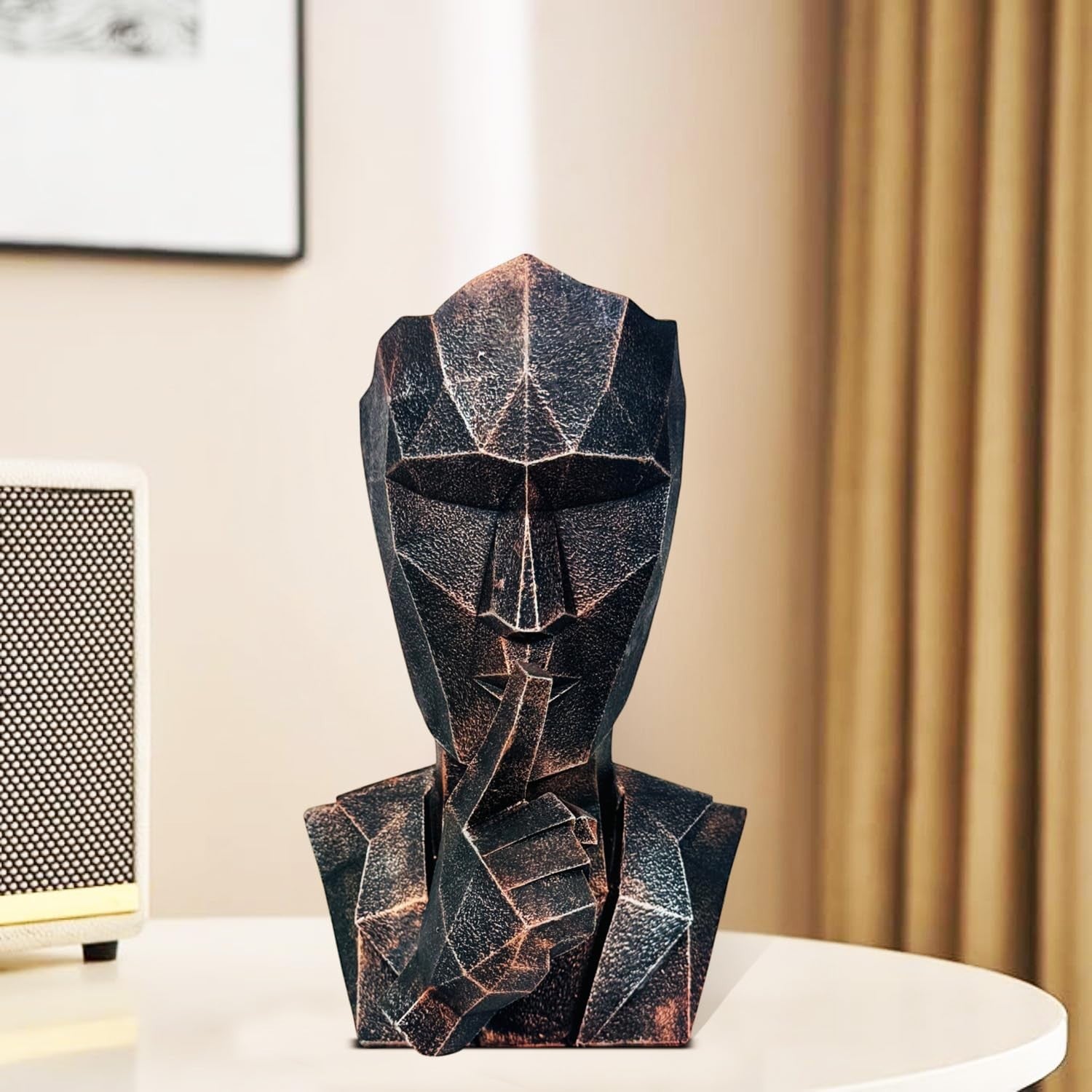 GoHooked abstract geometric face statue in black copper finish, representing 'Speak No Evil'. Modern polyresin decor.