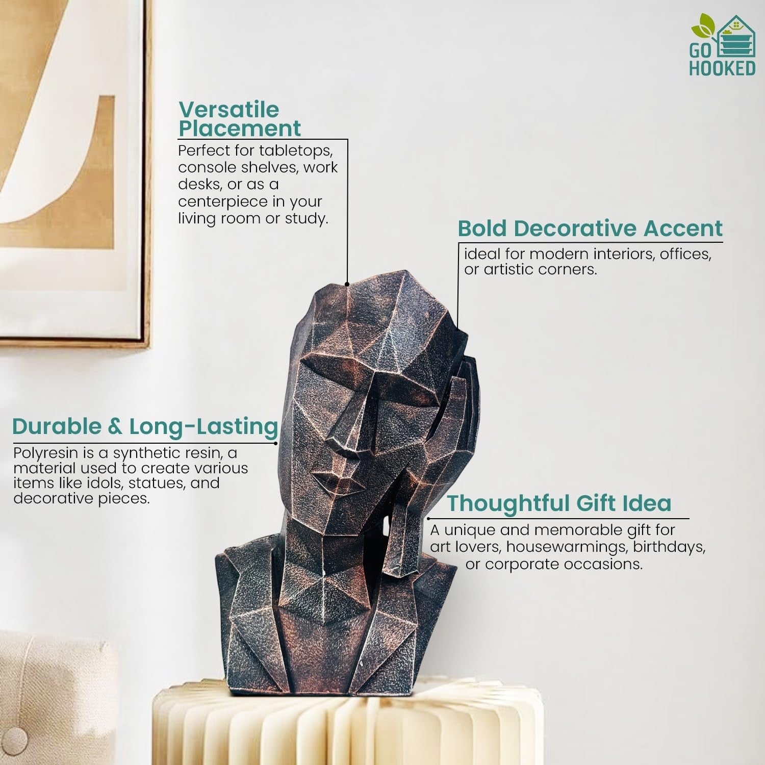 Go Hooked abstract geometric human face statue in black copper finish, made of polyresin.